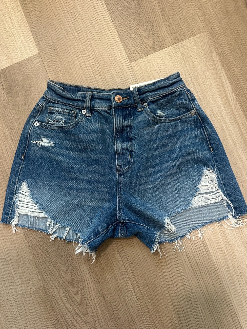 American Eagle Outfitters Distressed Dark Blue High-Rise Mom Jean Shorts